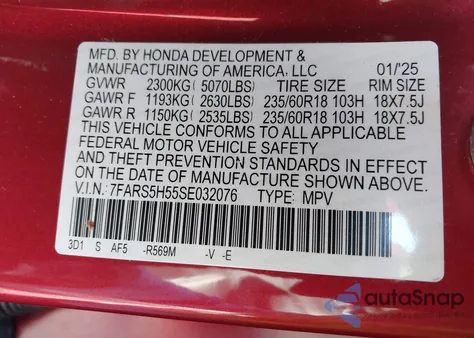 2025 Honda Cr-V Hybrid Sport from USA, damaged, VIN 7FARS5H55SE032076